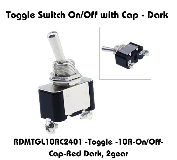 Toggle Switch On/Off with Cap - Dark, model RDMTGL10AC2401, 10A, 2-gear, featuring a metallic lever and black casing